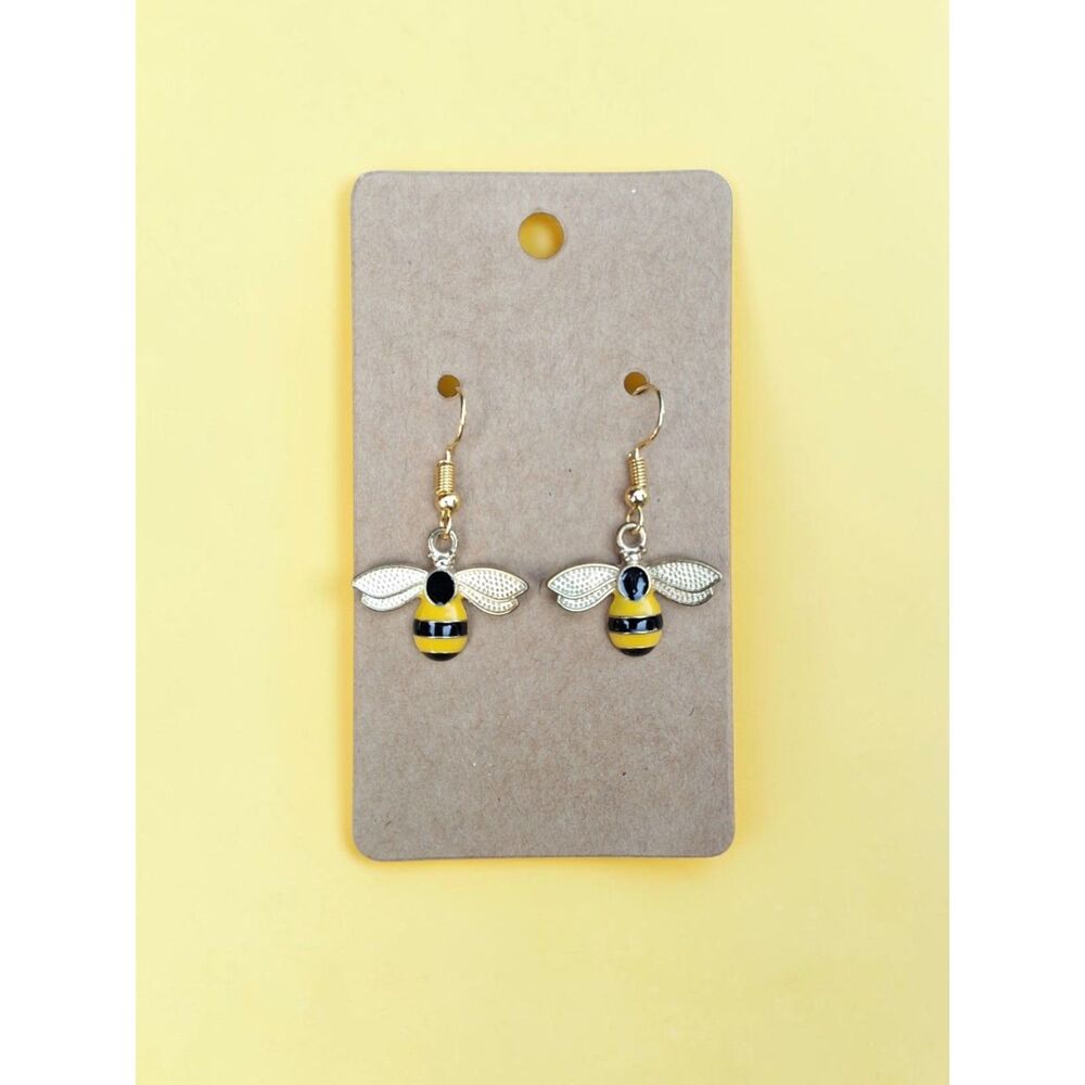 Gold Bumblebee Enamel Dangle Earrings - Cute Honey Bee Drop Earrings